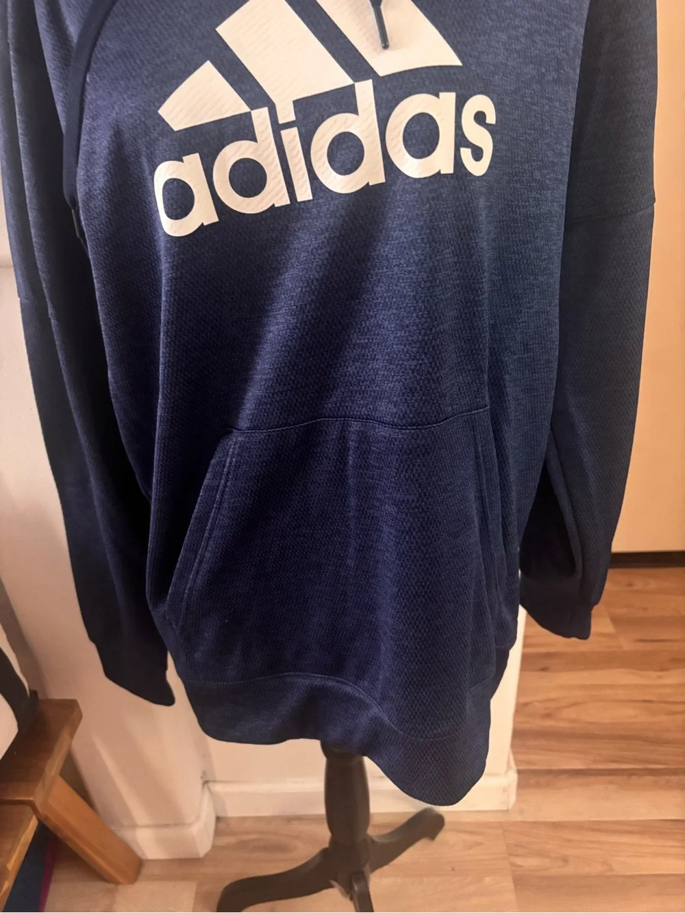 adidas Navy Blue Climawarm Hoodie with White Logo SZ L.